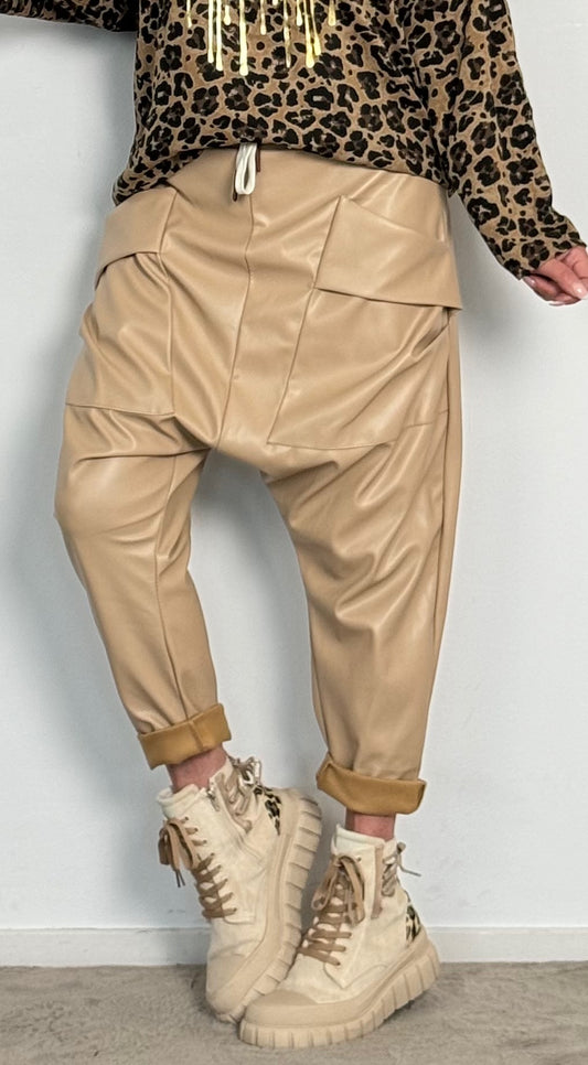 Imitation leather baggy pants "Gorgina" - beige