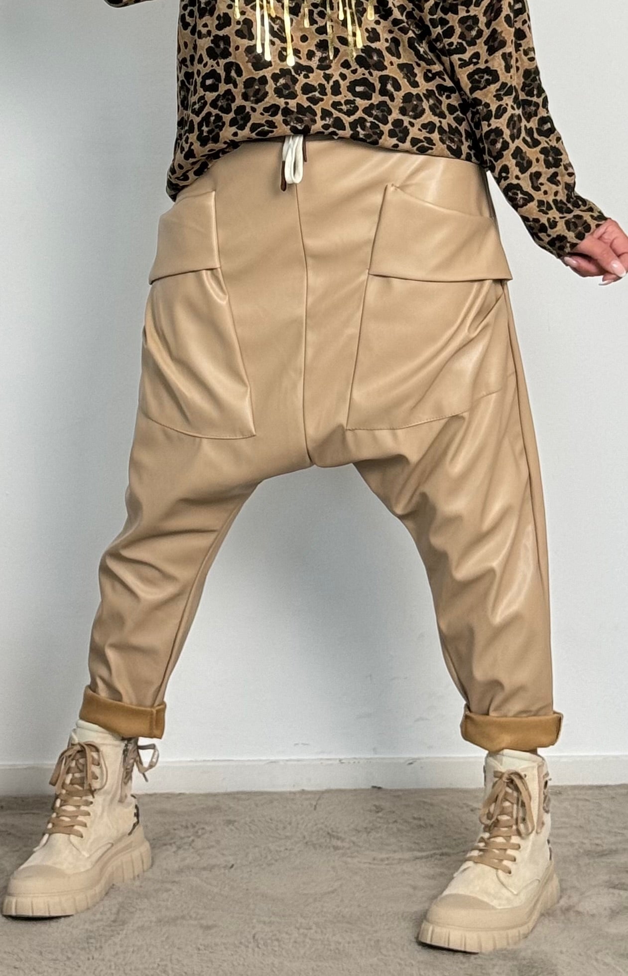 Imitation leather baggy pants "Gorgina" - beige