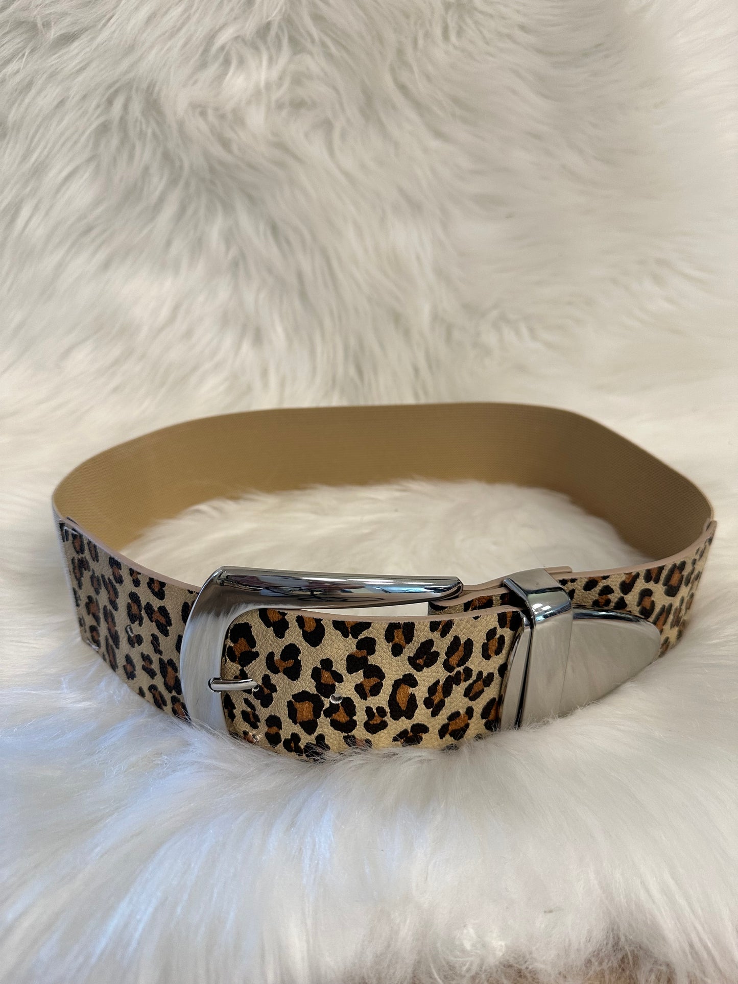 Stretch riem model "Blair" - beige-leo-zilver