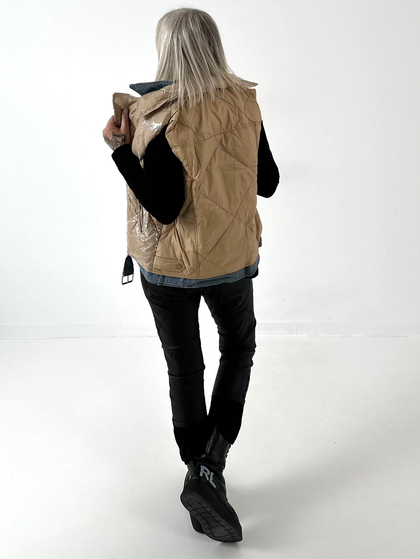 Vest with sequins and denim insert model "Smilla" - beige-denim