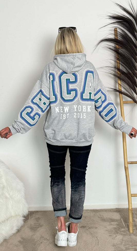 Hoodie with 3-D print "CHICAGO" - grey