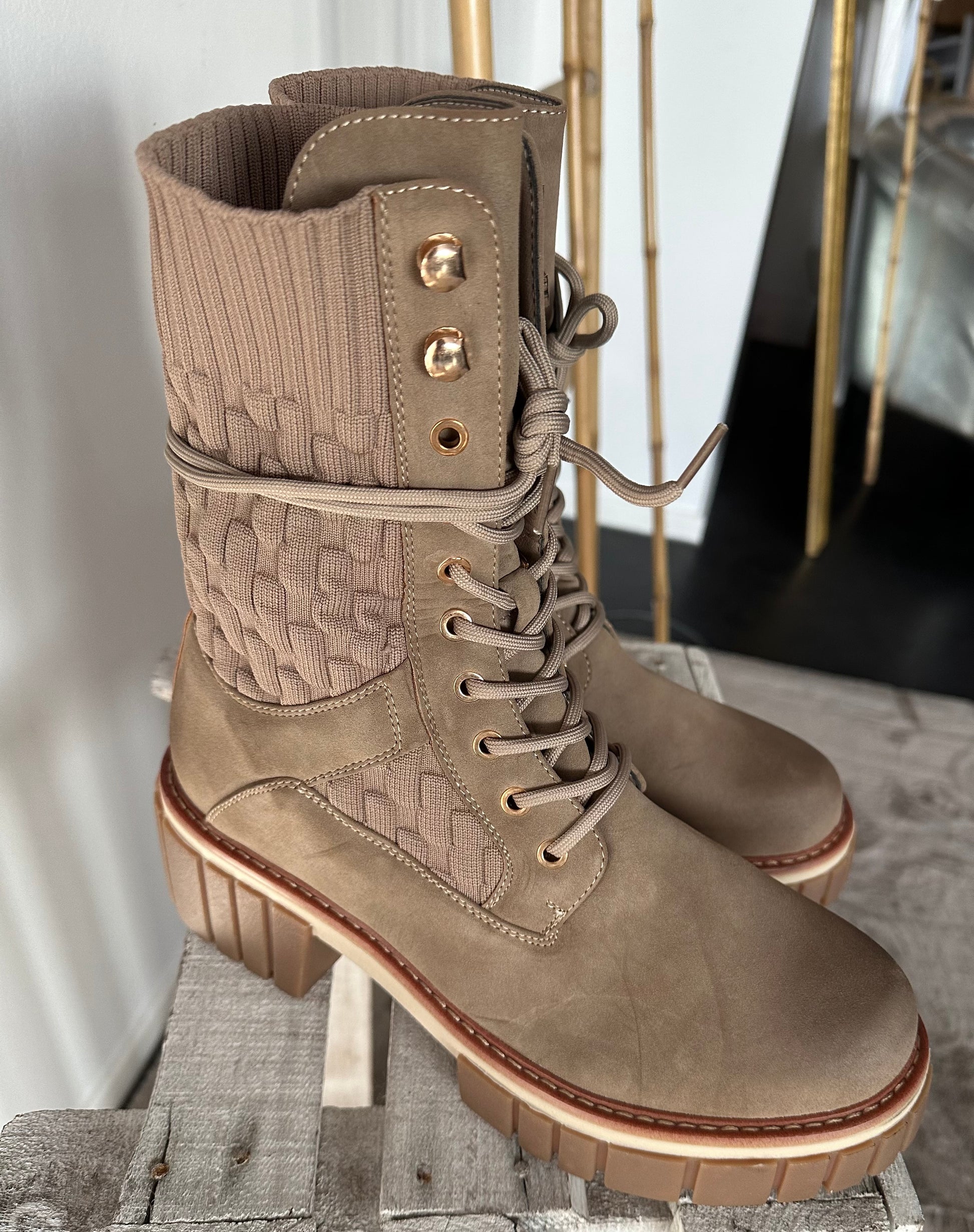 Beige Chunky Lace-Up Ankle Boots: Clarissa