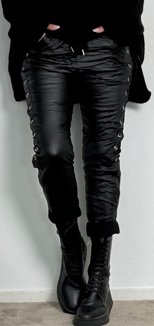 Imitation leather trousers with side lacing "Rebel" - black