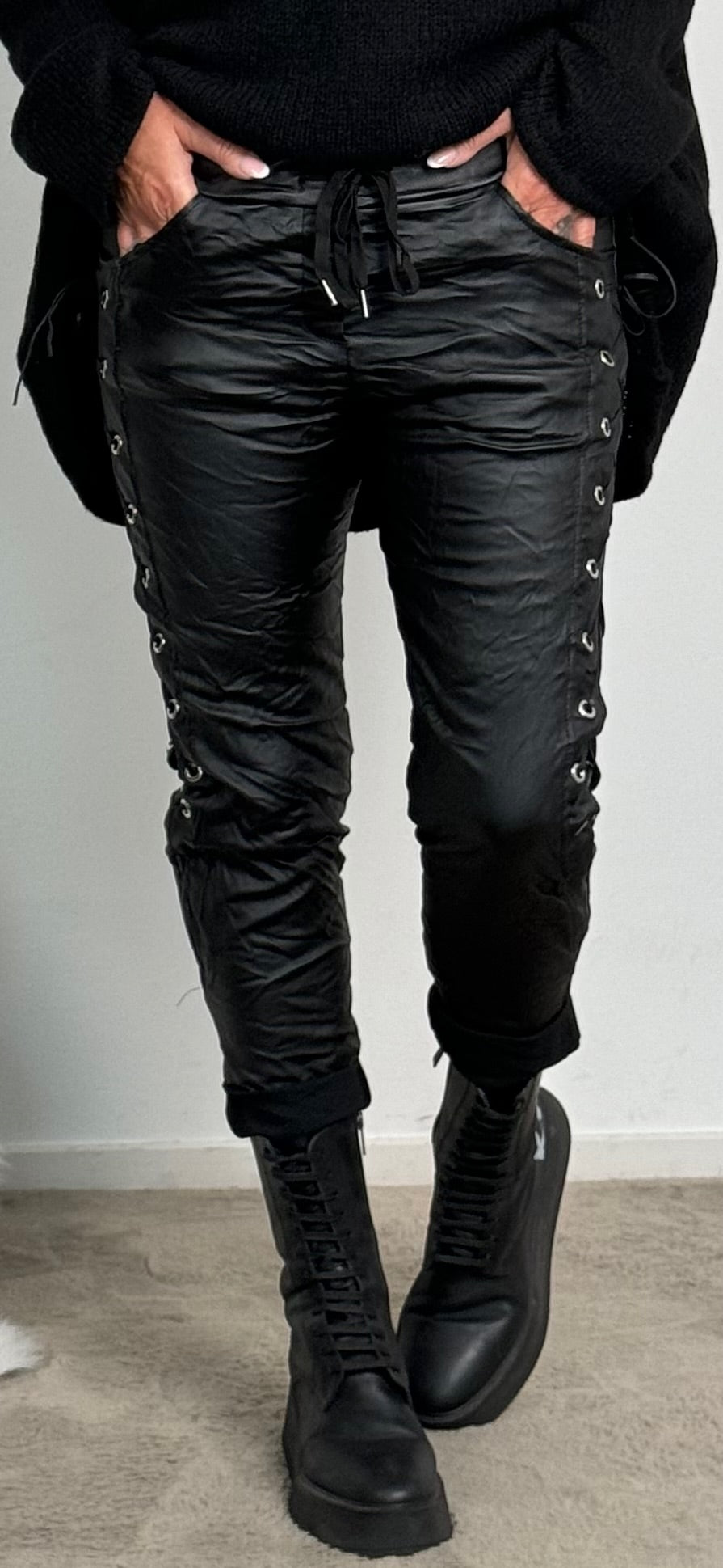 Imitation leather trousers with side lacing "Rebel" - black