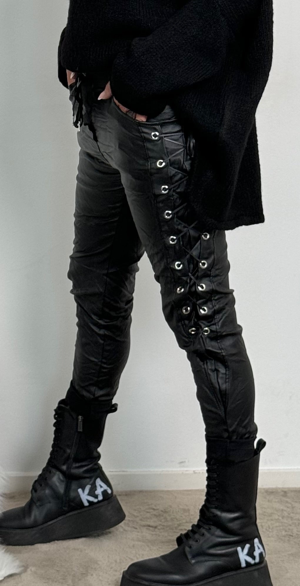 Imitation leather trousers with side lacing "Rebel" - black