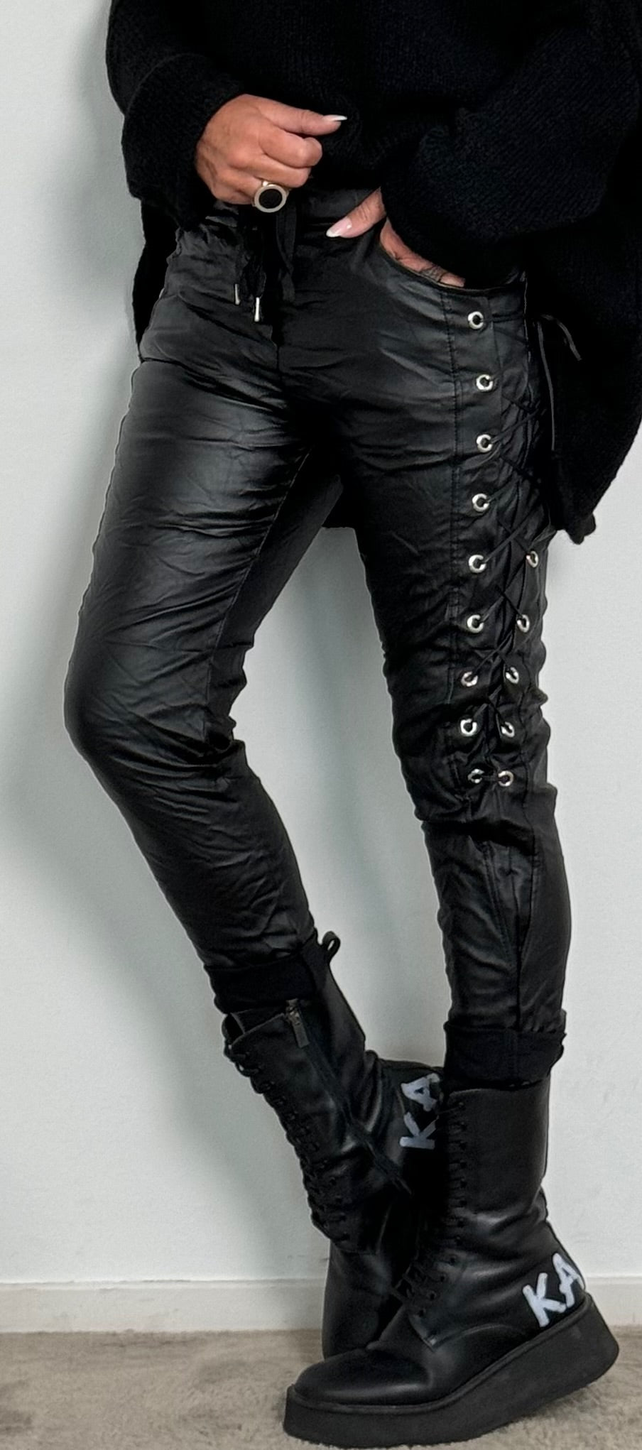 Imitation leather trousers with side lacing "Rebel" - black