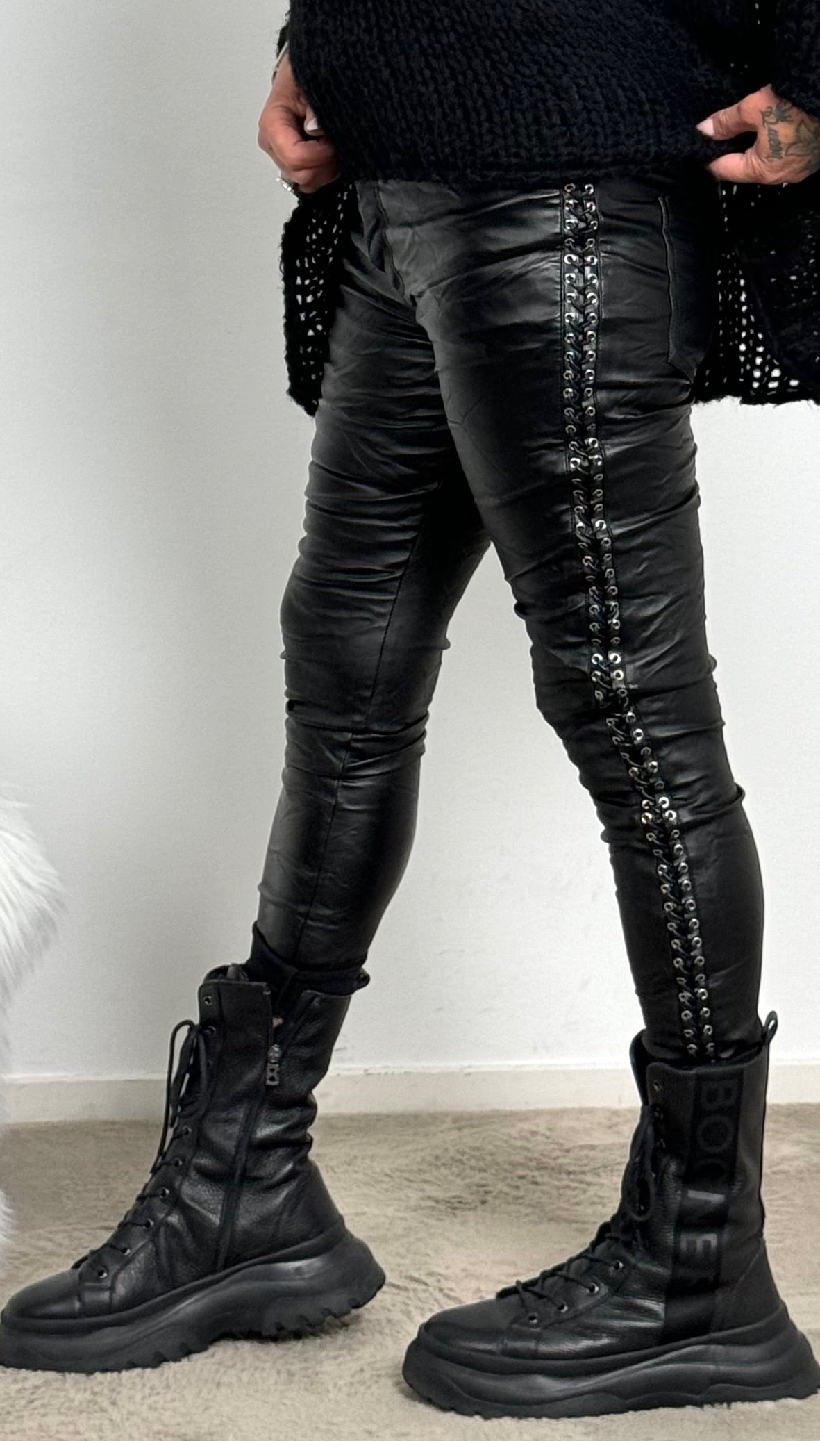 Imitation leather trousers with side rivets and lacing "Pocahontas" - black