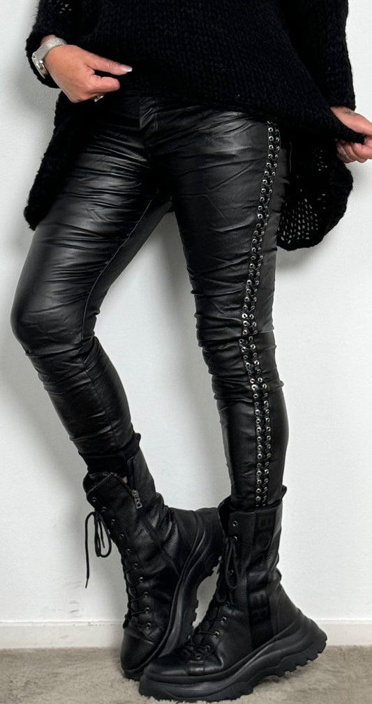 Imitation leather trousers with side rivets and lacing "Pocahontas" - black