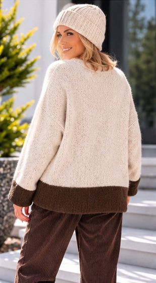 Pullover mit Kontrastsaum - beige-mokka