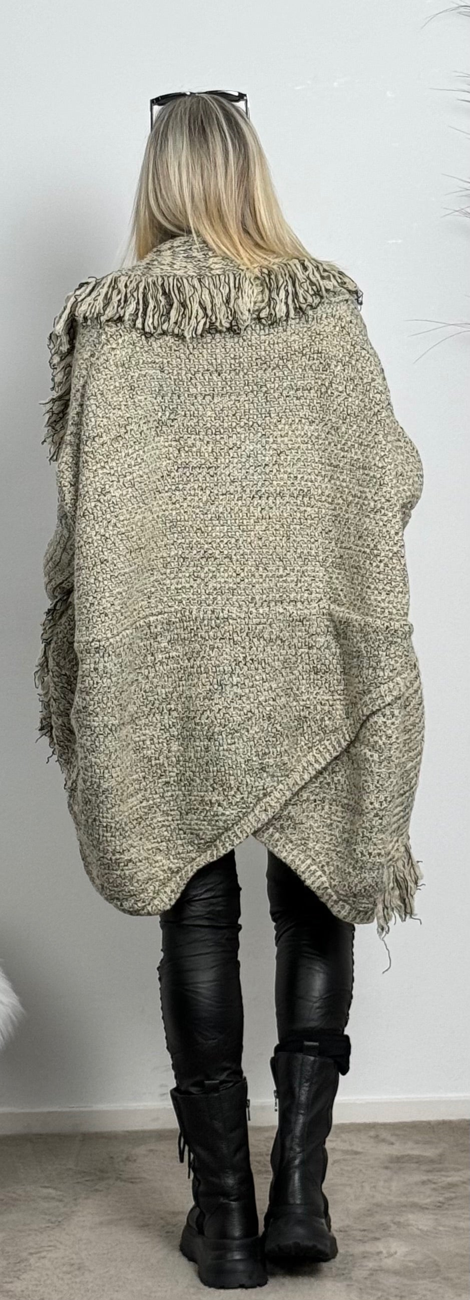 Cardigan with fringes "Over" - beige-mottled